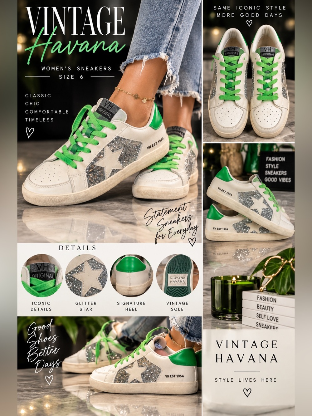 Vintage Havana Women Sneakers 💚 Silver Glitter -Star and Lime Green Lace- size 6